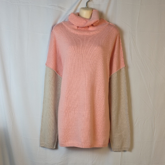 Peach and Beige Color Block Turtleneck Sweater with Cozy Knit - Picture 1 of 6